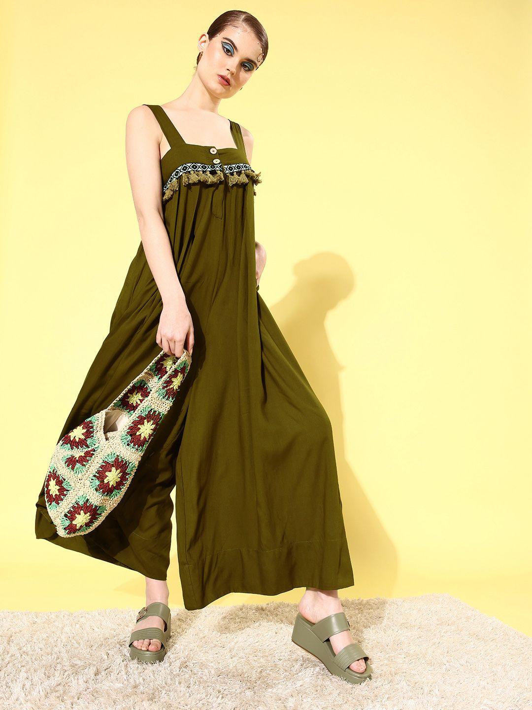 quiero women olive solid fringed and tasselled jumpsuit