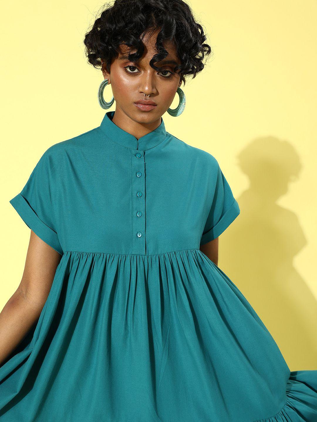 quiero women tranquil teal solid trapeze dress