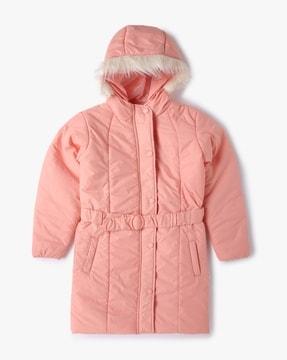 quilted hooded winter jacket with ruched belt