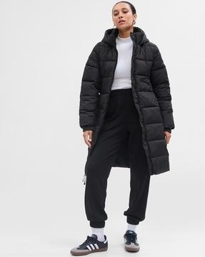 quilted relaxed fit puffer long hooded jacket