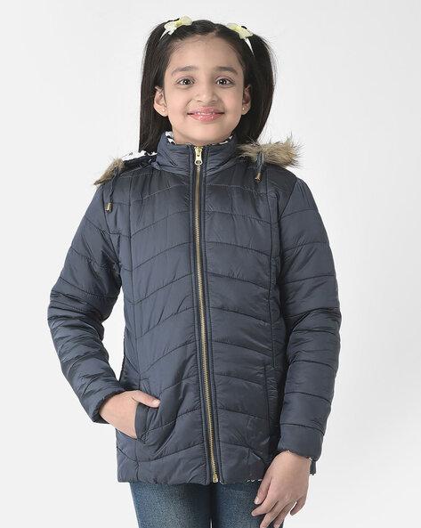 quilted zip-front detachable hooded jacket