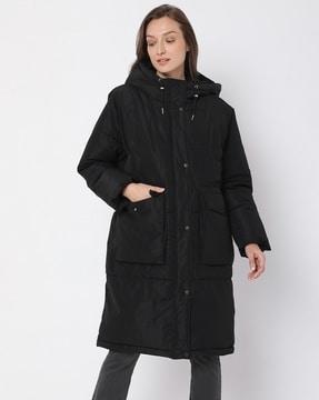 quilted zip-front hooded trench coat