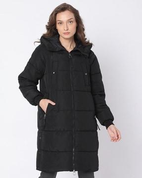 quilted zip-front hooded trench coat