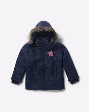 quilted zip-front jacket with fur-lined hood