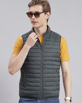 quilted zip-front puffer jacket with zipper pockets