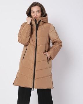quilted zip-front trench coat with zipper pockets