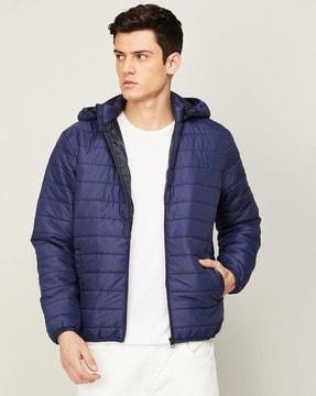 quilted bomber hooded jacket with zip-front closure