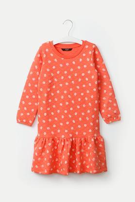 quilted cotton blend round neck girls casual wear dress - coral