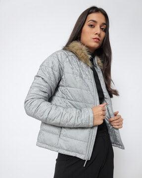 quilted fur-neckline jacket with insert pockets