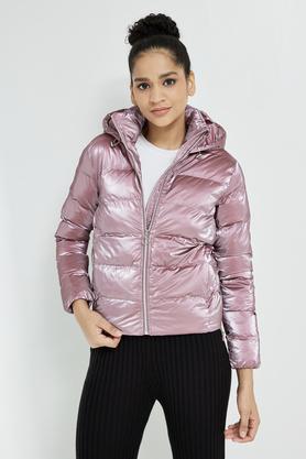 quilted hood polyester women's jacket - pink
