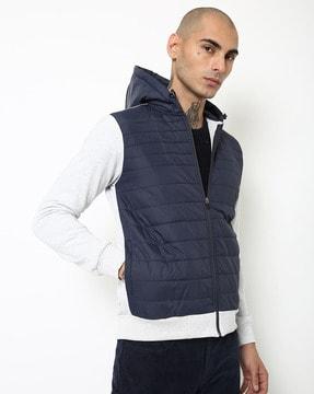 quilted hooded zip-front gilet