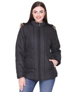 quilted zip-front bomber jacket with detachable hood