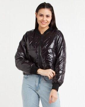 quilted zip-front bomber jacket with insert pockets