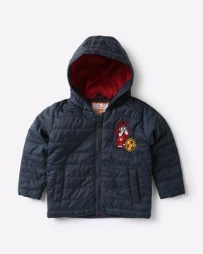 quilted zip-front hooded jacket with applique