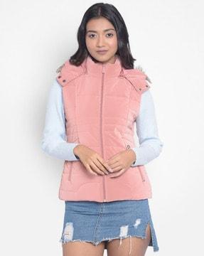 quilted zip-front hooded jacket