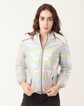 quilted zip-front jacket with detachable hood