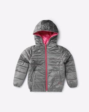 quilted zip-front puffer hooded jacket