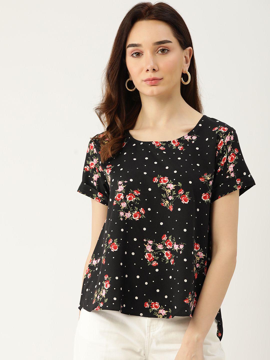 quinoa black & red floral print roll-up sleeves top