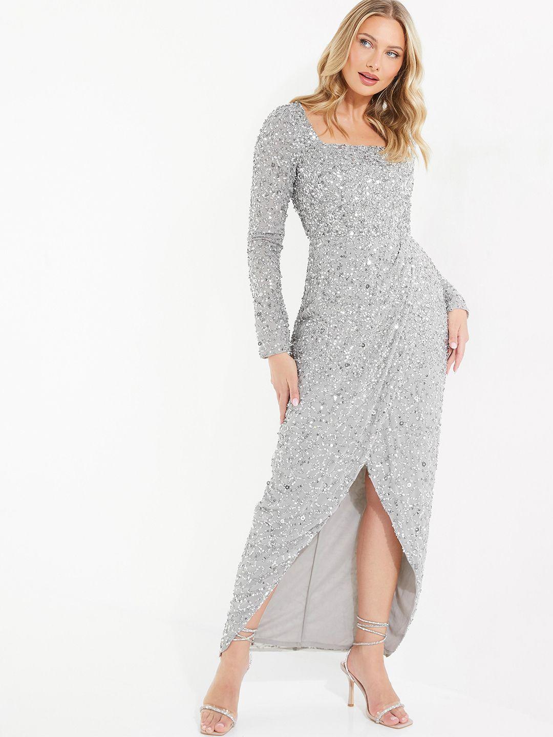 quiz embellished square neck long sleeve maxi dress