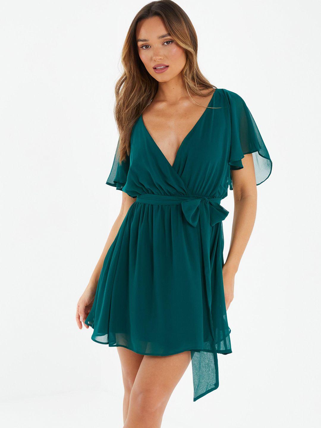 quiz flared sleeve fit & flare mini dress with belt