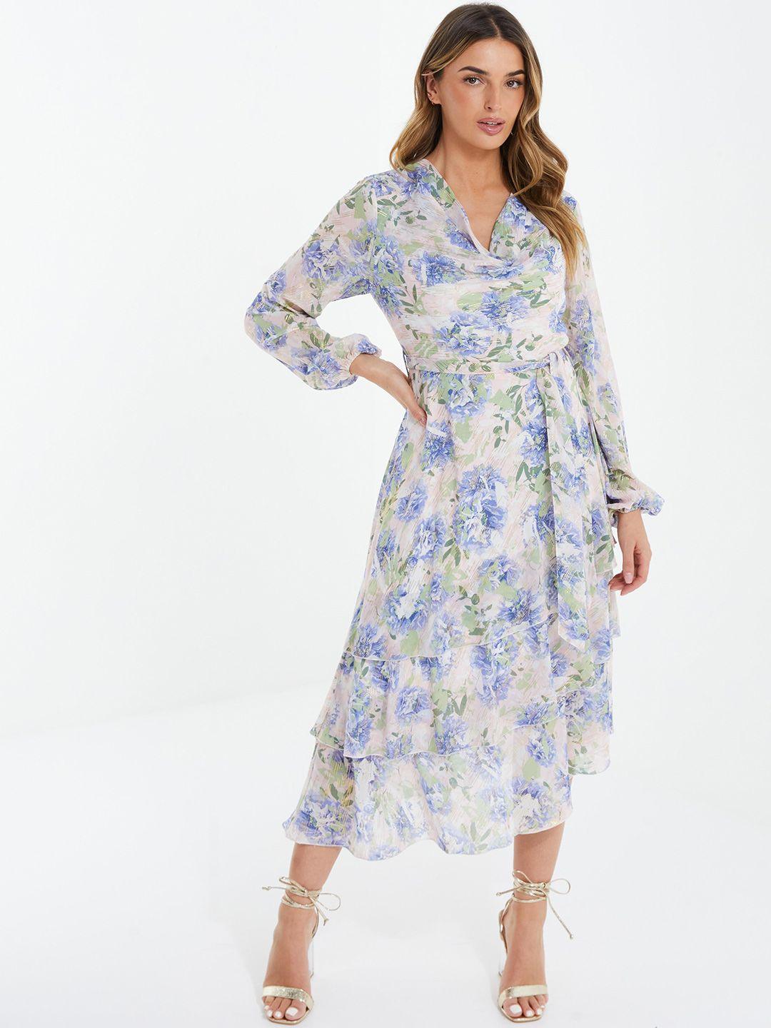 quiz floral printed cowl neck layered a-line midi dress with belt