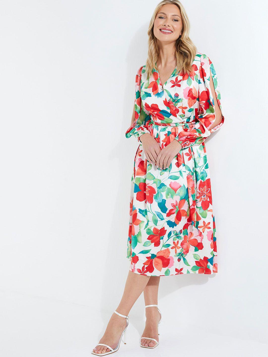 quiz floral printed v-neck puff sleeves satin fit and flare midi dress