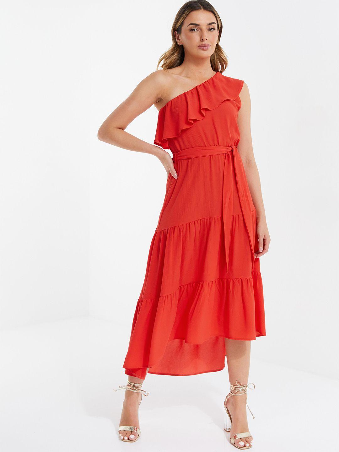 quiz one shoulder ruffles tiered a-line midi dress