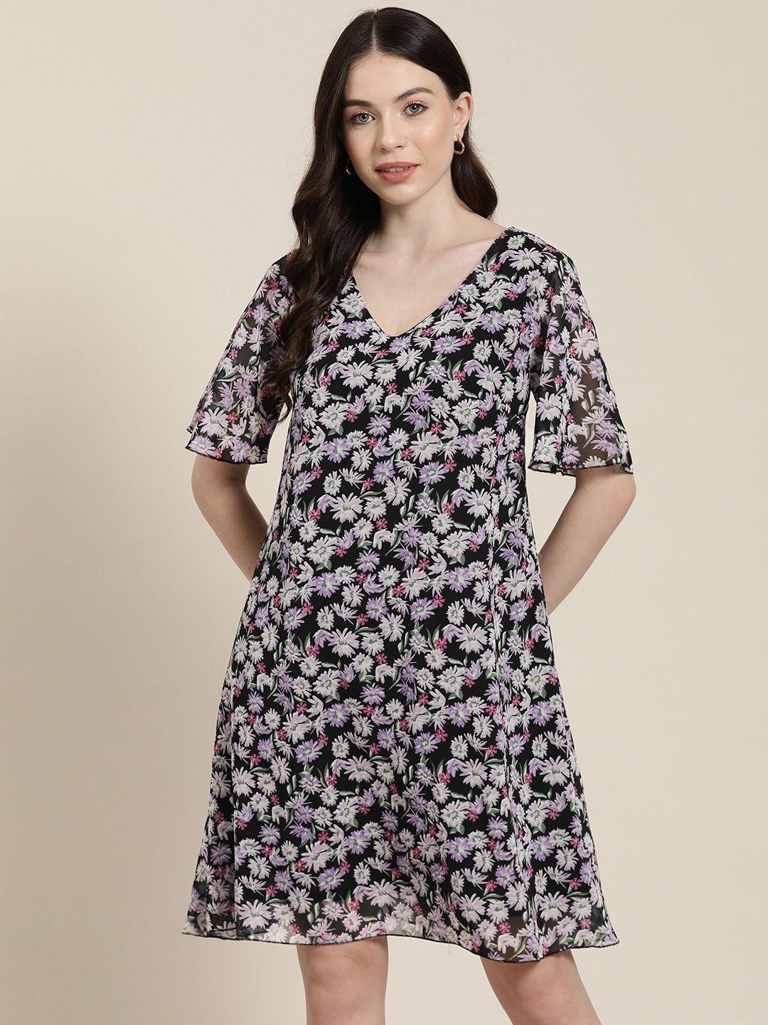 qurvii floral print georgette a-line dress