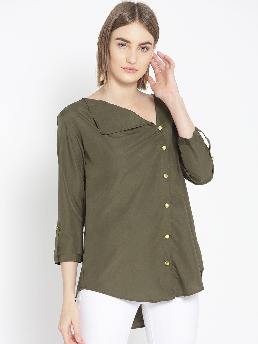 qurvii plus size women olive green solid high-low top