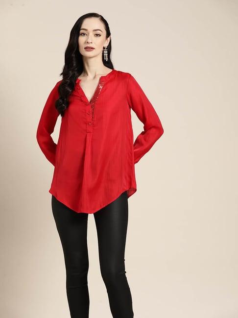 qurvii red silk embellished top
