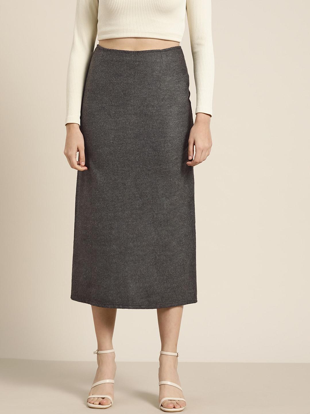qurvii women charcoal grey solid woolen a-line skirt