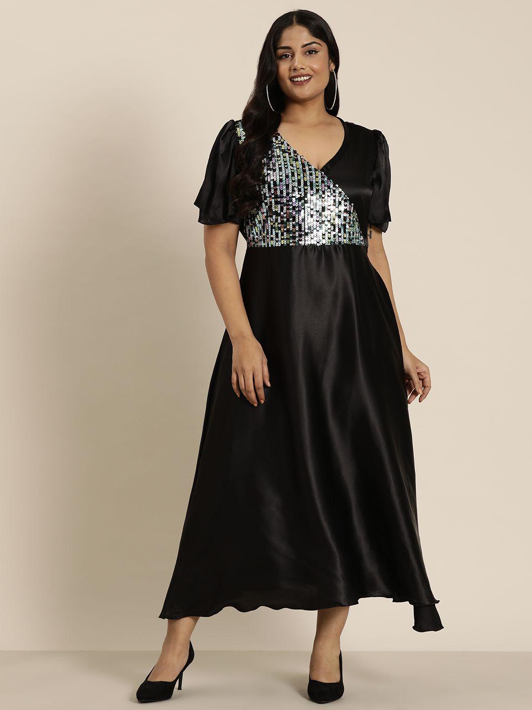 qurvii+ plus size embellished flared sleeve satin fit & flare maxi dress