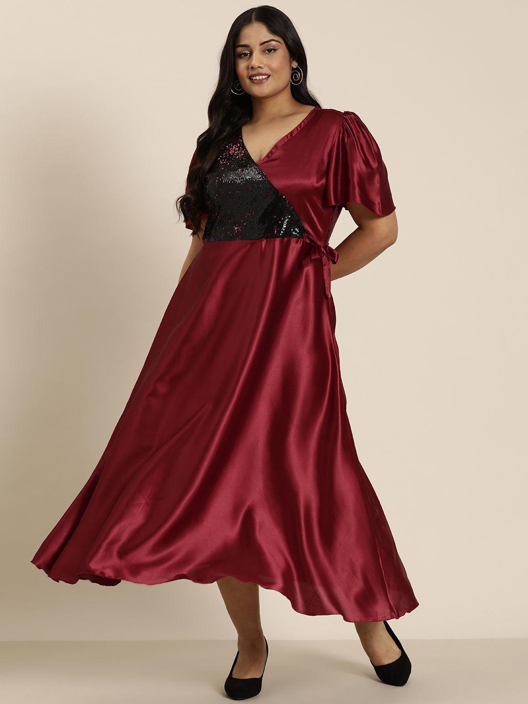 qurvii+ plus size embellished flared sleeves satin maxi wrap dress
