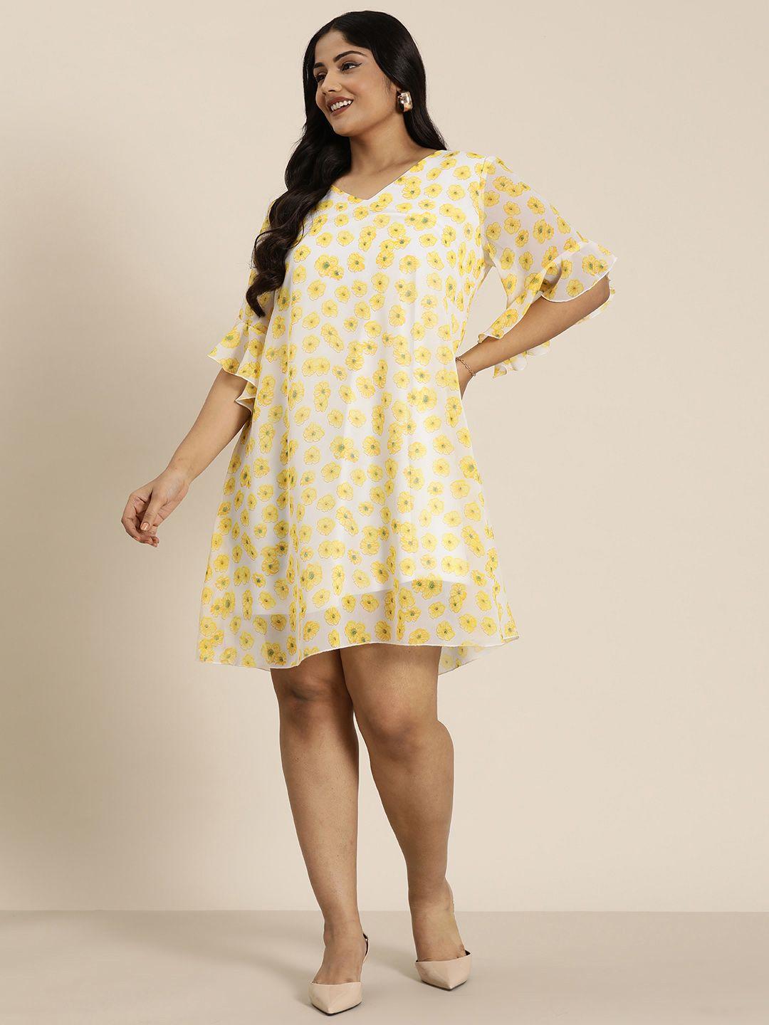 qurvii+ plus size floral printed flared sleeve georgette a-line dress