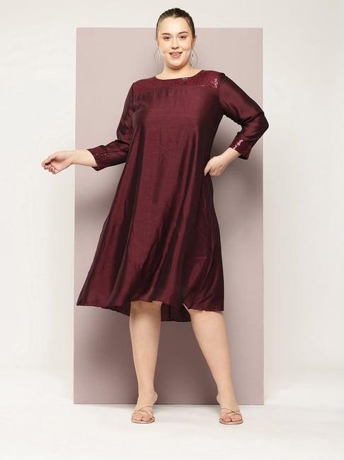 qurvii + maroon silk embellished a line dress