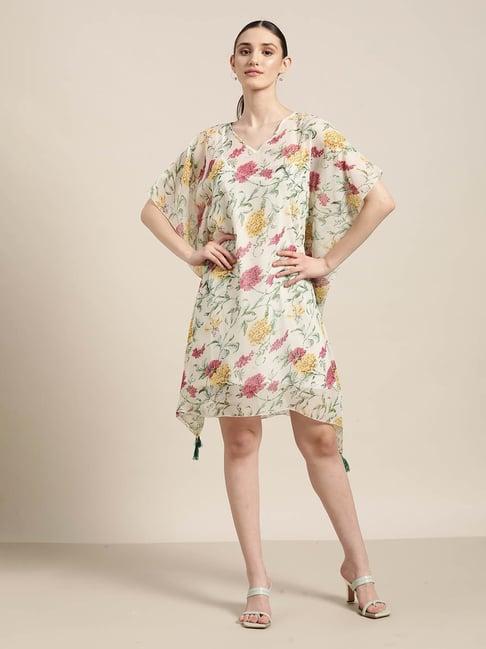 qurvii beige floral print kaftan dress