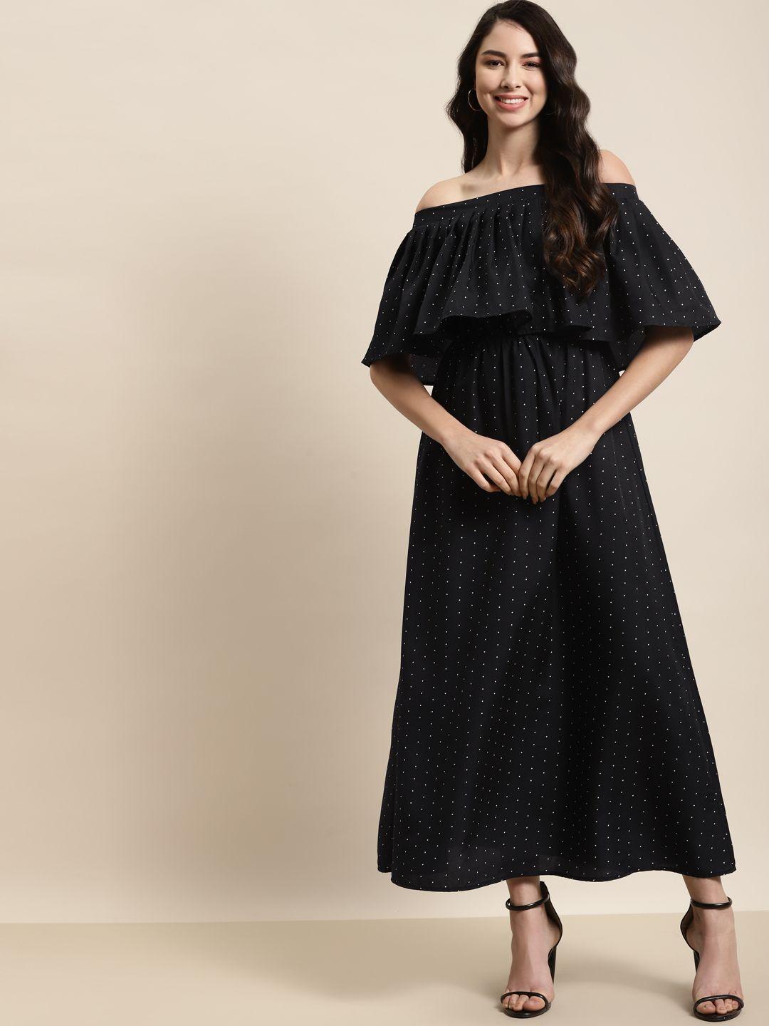 qurvii black & white off-shoulder layered crepe maxi dress