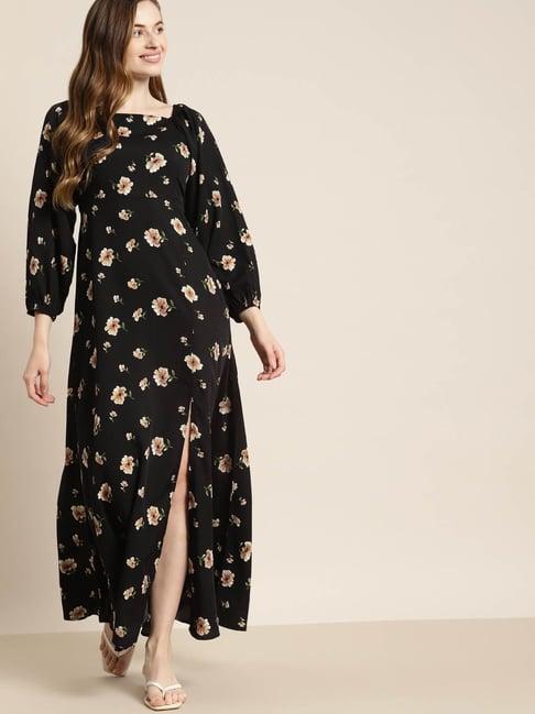 qurvii black floral print maxi dress