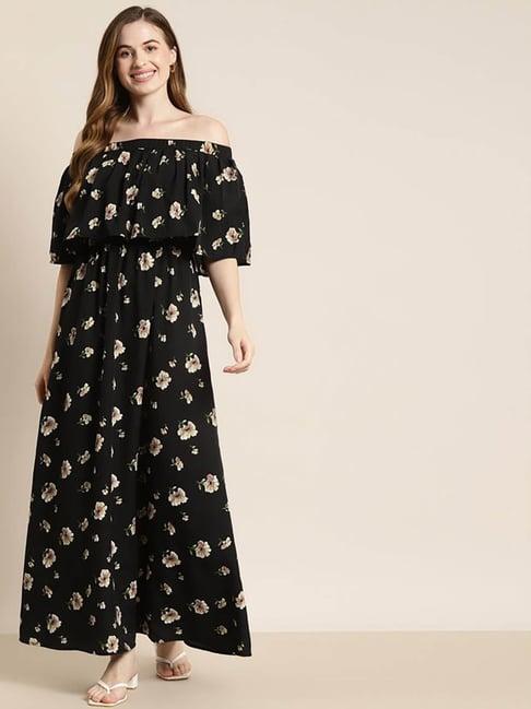 qurvii black floral print maxi dress