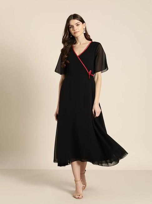 qurvii black midi wrap dress