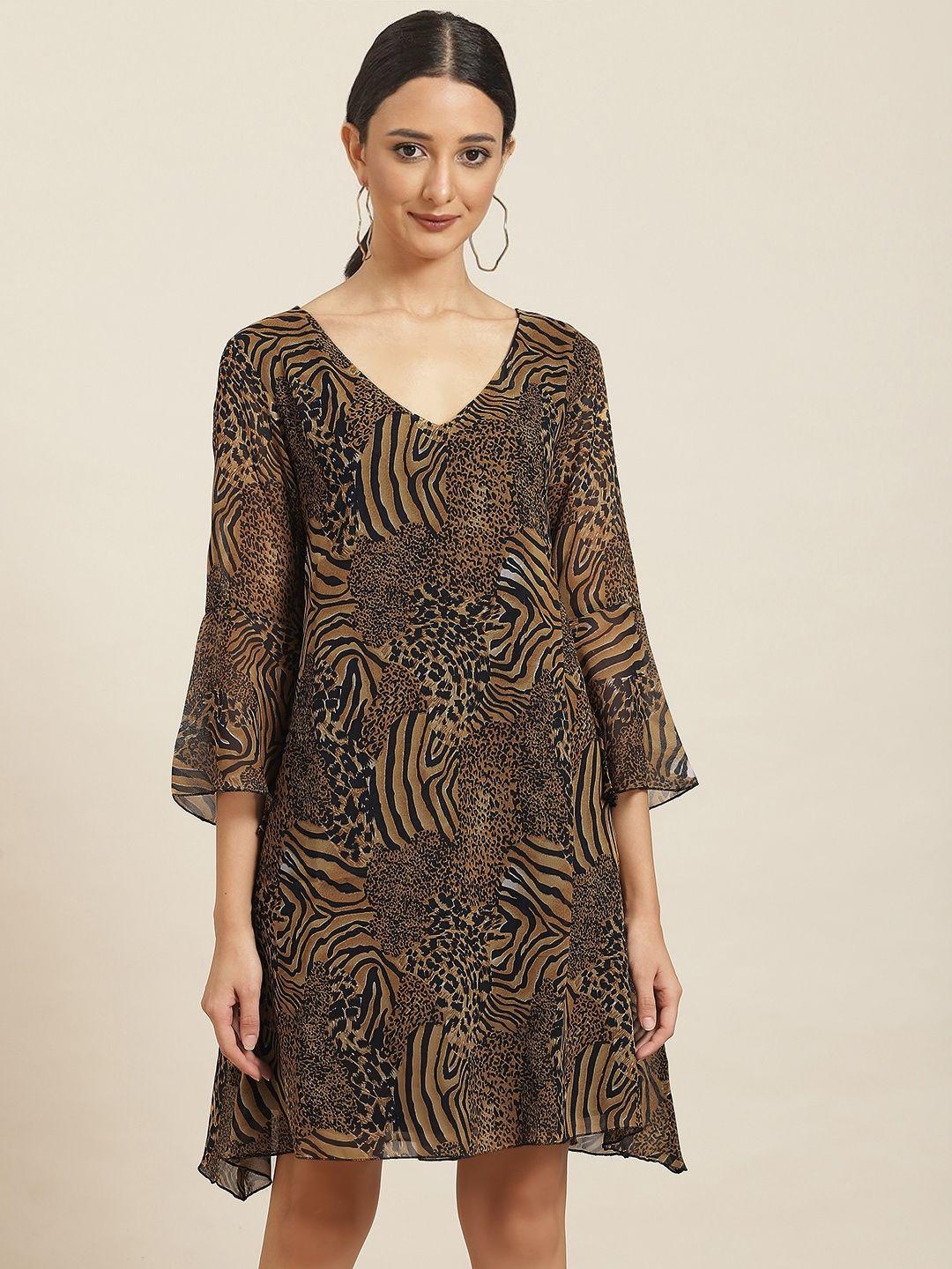 qurvii brown & black animal printed a-line dress