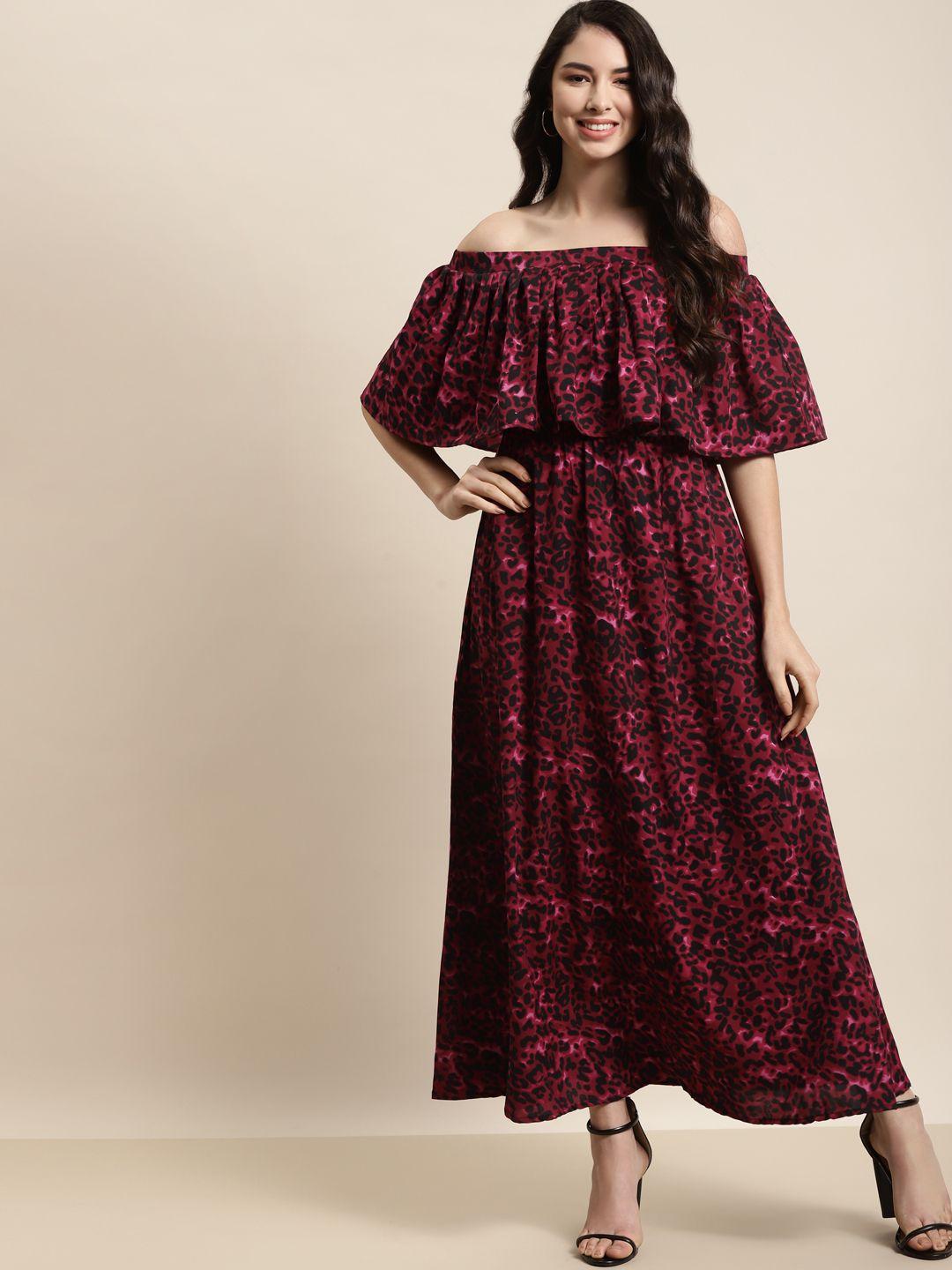 qurvii burgundy & black animal off-shoulder layered crepe maxi dress