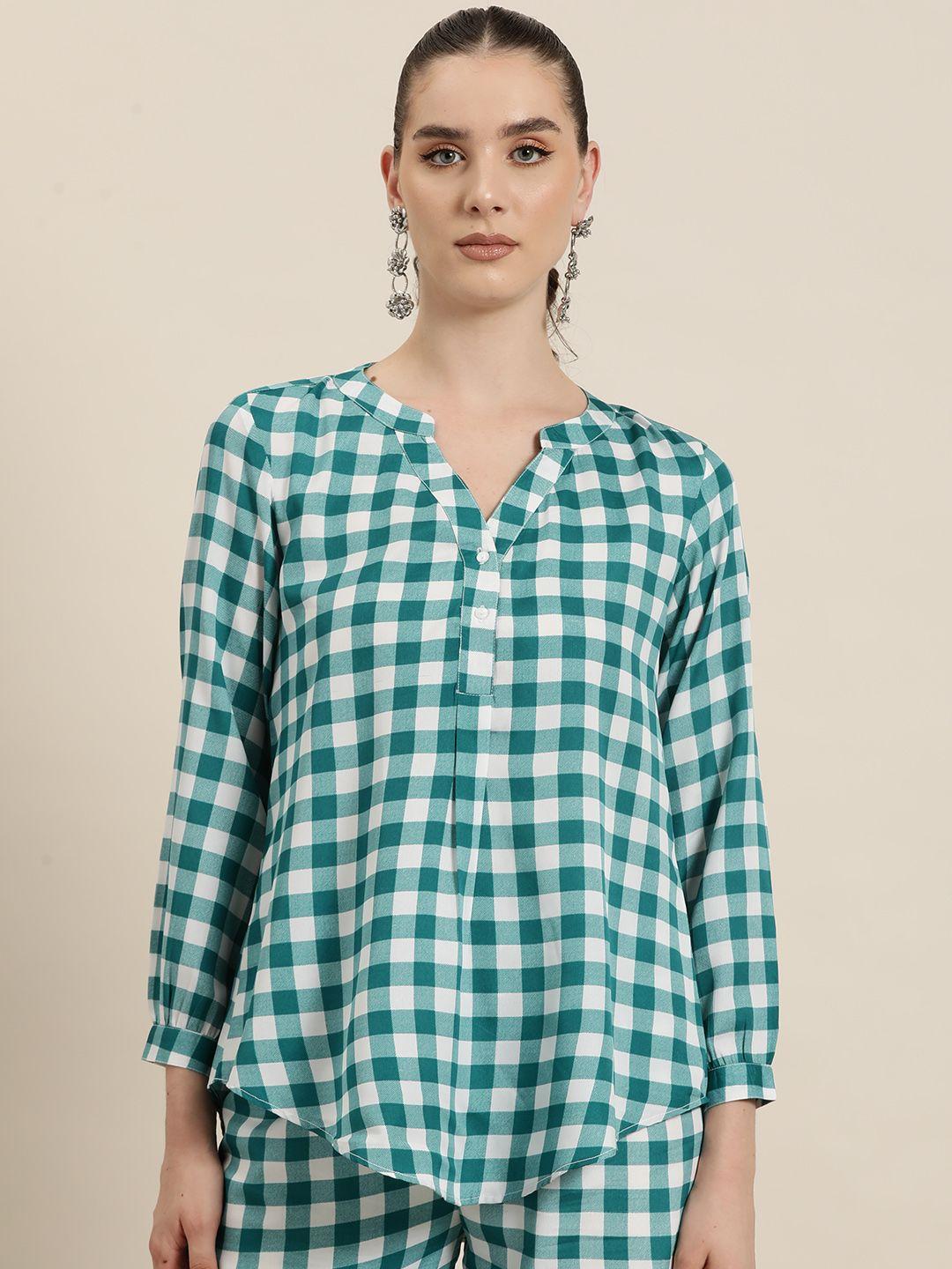 qurvii checked mandarin collar puff sleeve crepe top