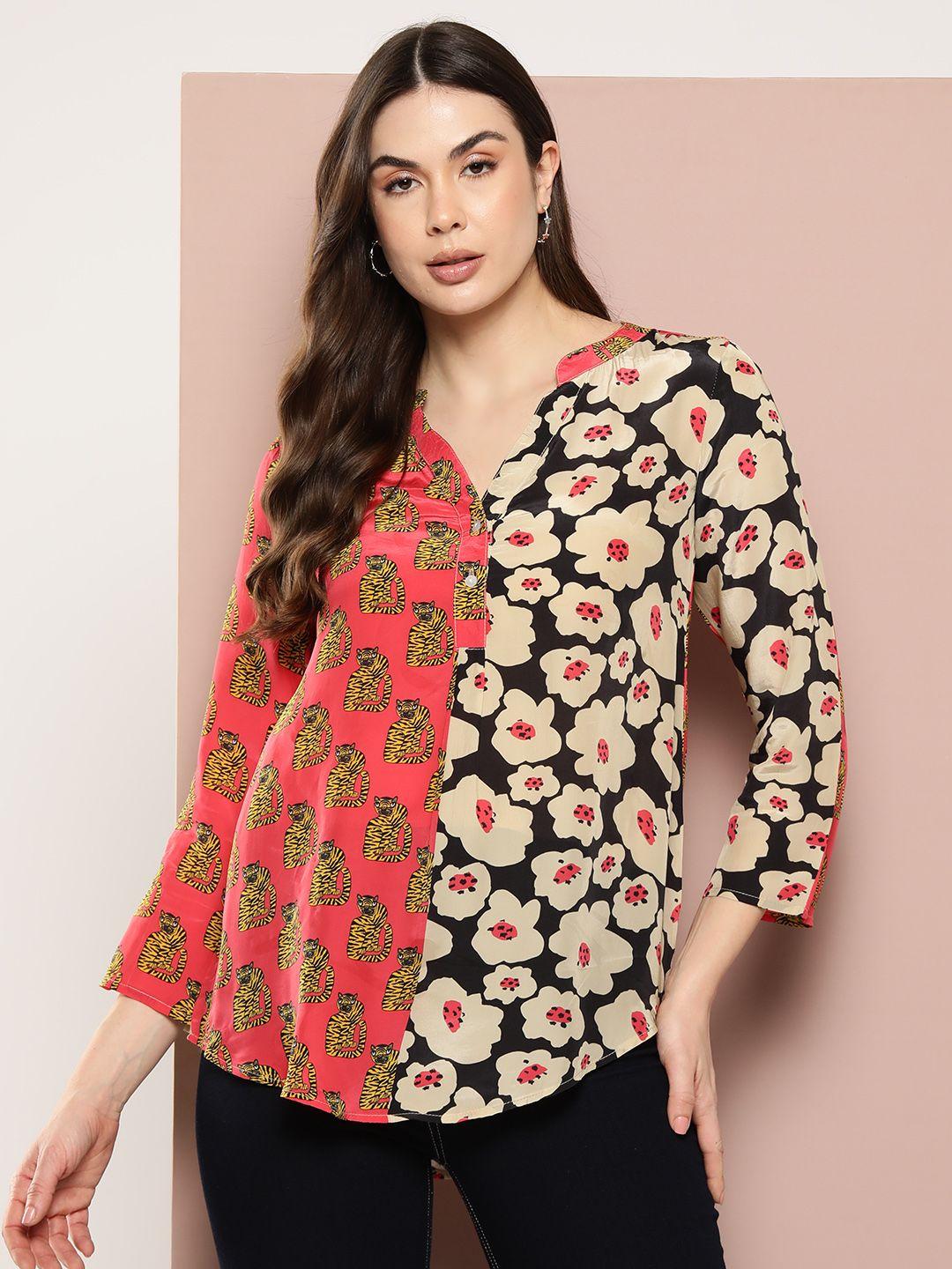 qurvii comfort floral colourblocked mandarin collar casual shirt