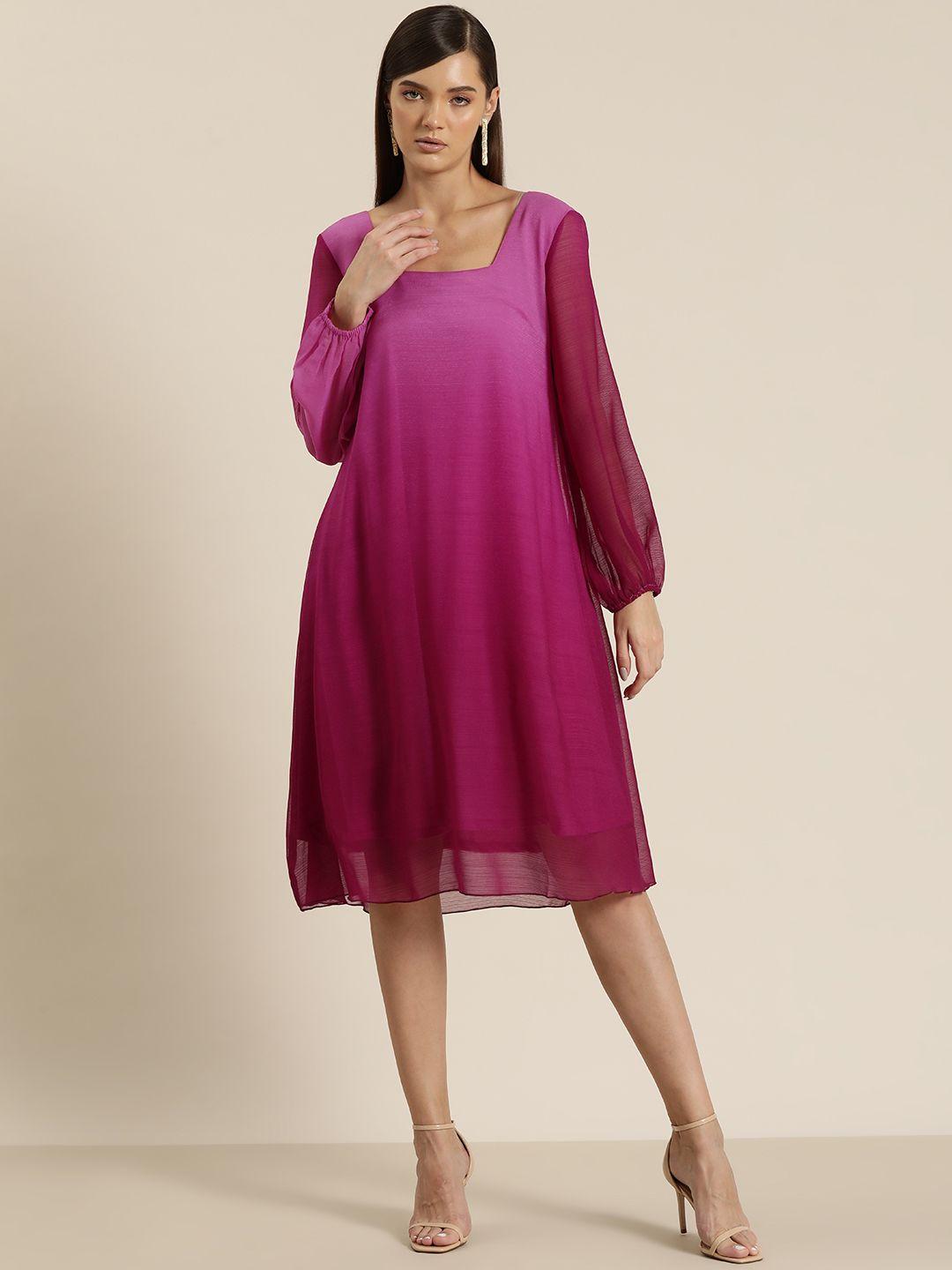 qurvii dyed puff sleeve georgette a-line dress