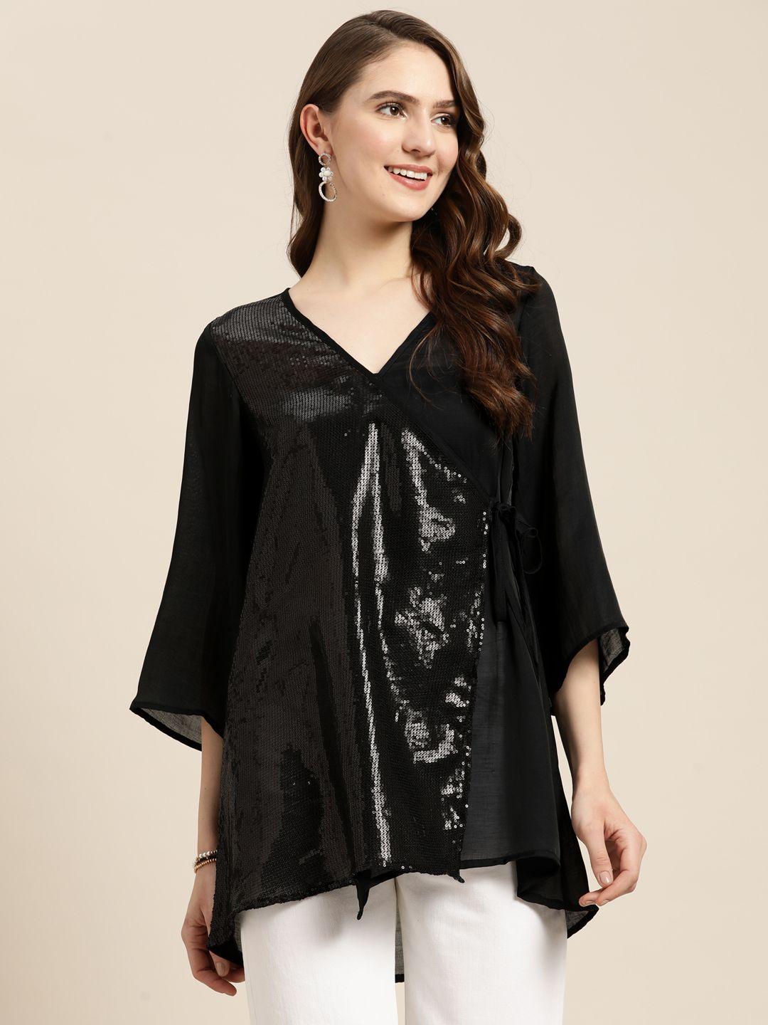 qurvii embellished flared sleeves wrap longline top