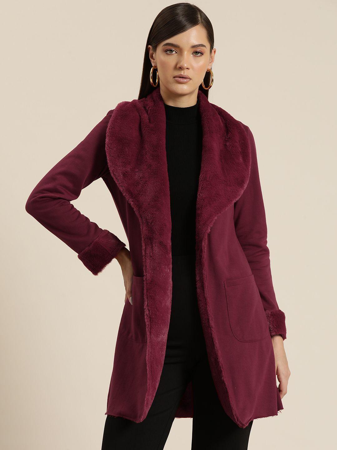 qurvii fleece open front longline overcoat with faux fur detail