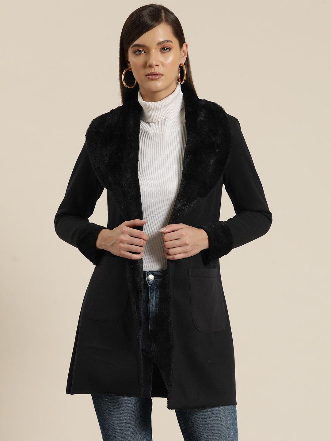 qurvii fleece open front overcoat with fur detail