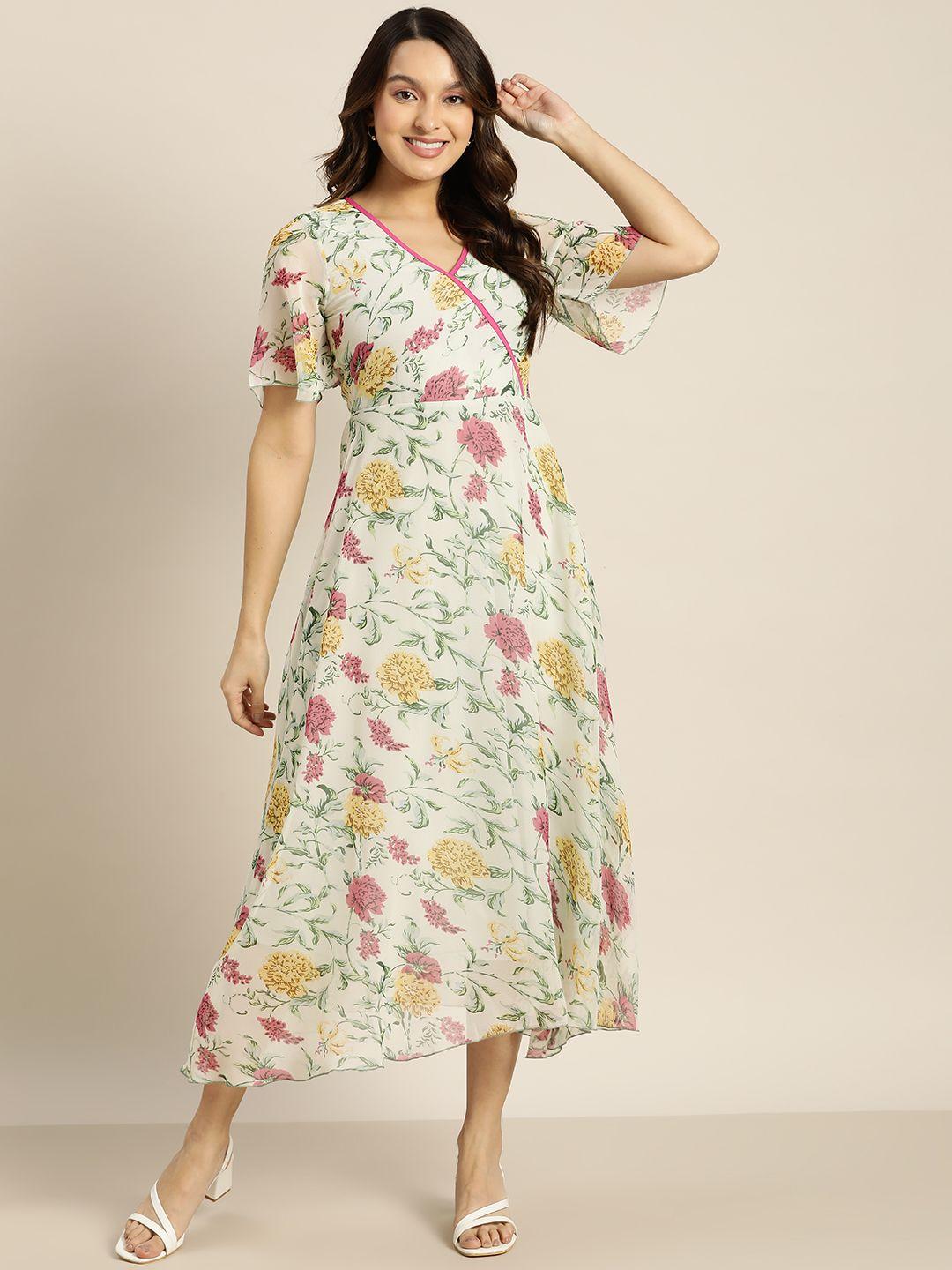 qurvii floral print flared sleeves georgette maxi dress