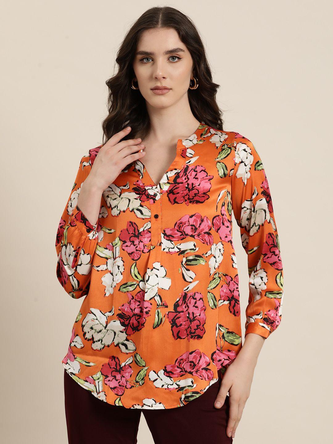 qurvii floral print mandarin collar satin top